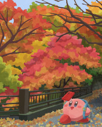 Rule 34 | autumn, autumn leaves, backpack, bag, cellphone, highres, holding, holding phone, kirby, kirby (series), miclot, nintendo, no humans, open mouth, outdoors, phone, railing, road, smartphone, street, tree