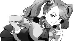 Rule 34 | 1girl, asada hachi, ascot, breasts, closed mouth, commentary request, gloves, grey background, greyscale, gundam, gundam build fighters, gundam build fighters try, hair ornament, hairclip, hand on own hip, hand up, high-waist skirt, large breasts, long hair, looking at viewer, monochrome, sazaki kaoruko, school uniform, short sleeves, skirt, smirk, solo, twintails