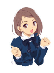 Rule 34 | 1girl, 22/7, blue jacket, bow, brown eyes, brown hair, dated, highres, hiiragi tsubomi, jacket, long sleeves, looking at viewer, open mouth, pizza man, school uniform, shirt, short hair, simple background, smile, upper body, white background, white shirt
