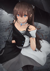 Rule 34 | 1girl, absurdres, aqua eyes, artist name, artist request, back bow, bare shoulders, belt, black dress, black gloves, black skirt, black umbrella, blue eyes, blush, bow, bow hairband, breasts, brooch, brown hair, brown pantyhose, buttons, choker, cleavage, collarbone, diamond (gemstone), dress, drop earrings, earrings, evening gown, female focus, gloves, grey belt, grey bow, grey skirt, hair between eyes, hair bow, hairband, half updo, high ponytail, highres, holding, holding umbrella, jewelry, lace, lace gloves, long hair, looking at viewer, love live!, love live! nijigasaki high school idol club, love live! school idol festival, miniskirt, multicolored clothes, multicolored dress, nose blush, notinversion, off-shoulder dress, off shoulder, osaka shizuku, outdoors, pantyhose, parted lips, plaid, plaid dress, plaid skirt, pleated, pleated dress, pleated skirt, ponytail, rain, skirt, sleeveless, sleeveless dress, small breasts, smile, solitude rain (love live!), solo, two-tone dress, umbrella, white bow, white choker, white dress, white skirt