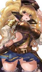 Rule 34 | 1girl, adjusting clothes, adjusting headwear, bandaid, bandaid on cheek, bandaid on face, bare shoulders, belt, blonde hair, blue skirt, blush, breasts, granblue fantasy, grey eyes, hand on own hip, hat, highres, large breasts, long hair, looking at viewer, maou (maoudaisukiya), monika weisswind, navel, open mouth, peaked cap, popped collar, simple background, skirt, solo, thighs, twintails, white background