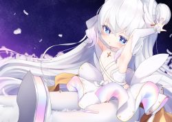 Rule 34 | + +, 1girl, armpits, arms up, azur lane, bare shoulders, blue eyes, commentary request, detached sleeves, double bun, dress, feathers, hair between eyes, hair bun, kokone (coconeeeco), le malin (azur lane), le malin (muse) (azur lane), long hair, long sleeves, pantyhose, shoe soles, shoes, sitting, sleeveless, sleeveless dress, solo, very long hair, white dress, white feathers, white footwear, white hair, white pantyhose, white sleeves, wing hair ornament