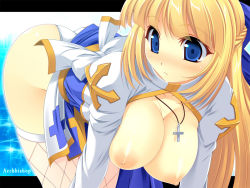 Rule 34 | 1girl, :&lt;, arch bishop (ragnarok online), ass, bent over, blonde hair, blue eyes, blush, breasts, breasts out, character name, cleavage, cross, fishnet thighhighs, fishnets, hair ribbon, half updo, hanging breasts, kinoshita ichi, large breasts, long hair, looking away, nipples, panties, ragnarok online, ribbon, solo, staring, thighhighs, thighs, underwear, uniform, white thighhighs