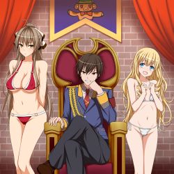 Rule 34 | 10s, 1boy, 2girls, :d, absurdres, aiguillette, amagi brilliant park, bikini, breasts, cleavage, collared shirt, covered erect nipples, cowboy shot, crossed legs, epaulettes, flat chest, formal, grin, groin, hamihe, head rest, head tilt, highres, indoors, kanie seiya, large breasts, latifa fleuranza, long sleeves, looking at viewer, military, military uniform, multiple girls, necktie, open mouth, pimp, red necktie, sento isuzu, shirt, sitting, smile, standing, swimsuit, teeth, throne, uniform