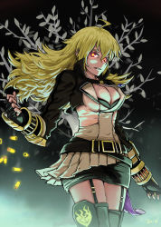 Rule 34 | 1girl, ahoge, ammunition, asymmetrical clothes, blonde hair, boots, breasts, bullet, cleavage, fingerless gauntlets, fingerless gloves, garter straps, gauntlets, gloves, glowing, glowing eyes, gun, jewelry, jonathan h, large breasts, long hair, looking at viewer, necklace, parted lips, pleated skirt, red eyes, rwby, shell casing, shotgun, shotgun shell, skirt, solo, standing, thigh boots, thighhighs, weapon, wrist gun, yang xiao long, zettai ryouiki