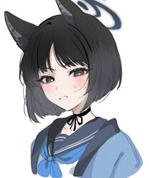 Rule 34 | 1girl, animal ears, black eyes, black hair, black sailor collar, blue archive, blue neckerchief, blush, cat ears, collarbone, eyeshadow, haori, japanese clothes, kikyou (blue archive), looking at viewer, makeup, neckerchief, open mouth, paragasu (parags112), portrait, red eyeshadow, sailor collar, short hair, simple background, solo, white background
