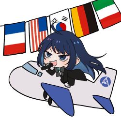 Rule 34 | 1girl, ado (utaite), ahoge, aircraft, airplane, american flag, arm support, black bow, black bowtie, black coat, black pants, blue eyes, blue flower, blue hair, bow, bowtie, chando (ado), chibi, cloud nine inc, coat, colored inner hair, commentary request, flags of all nations, flower, flower brooch, french flag, german flag, highres, holding, holding microphone, italian flag, long hair, long sleeves, microphone, mole, mole under eye, multicolored hair, open mouth, pants, riseno, sidelocks, simple background, solo, south korean flag, string of flags, teeth, two-tone hair, upper teeth only, utaite, white background