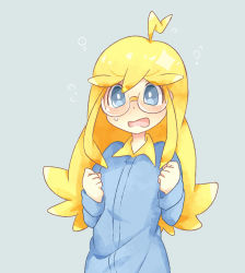 Rule 34 | 1boy, akasaka (qv92612), alternate hair length, alternate hairstyle, blush, bright pupils, bubble, clemont (pokemon), commentary request, creatures (company), game freak, glasses, grey background, grey eyes, hands up, highres, jumpsuit, long hair, long sleeves, male focus, nintendo, open mouth, pokemon, pokemon xy, sidelocks, simple background, solo, sweatdrop, tongue, white pupils