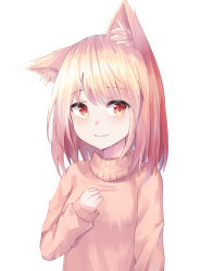 1girl absurdres animal_ear_fluff animal_ears blonde_hair brown_sweater cat_ears closed_mouth commentary_request female_focus hair_between_eyes highres long_hair long_sleeves original red_eyes shiro_(acad1213) simple_background sleeves_past_wrists smile solo sweater upper_body white_background