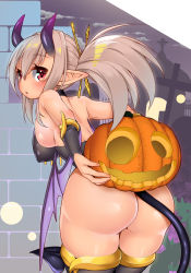Rule 34 | 1girl, ass, bare back, bare shoulders, black choker, blush, breasts, choker, cloud, commentary request, cowboy shot, cross, demon girl, demon horns, demon tail, demon wings, fingernails, from behind, grey hair, hair between eyes, hair ornament, hairpin, halloween, highres, hobby (kento), holding, horns, huge ass, jack-o&#039;-lantern, large breasts, leotard, looking at viewer, looking back, narrow waist, night, night sky, original, outdoors, parted lips, ponytail, sky, solo, standing, tail, thick thighs, thighhighs, thighs, wide hips, wings, wristband