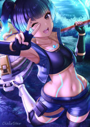 Rule 34 | 1girl, :d, armpits, breasts, chest jewel, clairstar, fiery hair, from above, glowing lines, hammer, highres, holding, holding hammer, holding weapon, leg up, looking at viewer, midriff, navel, one eye closed, open mouth, sena (xenoblade), short shorts, shorts, shoulder strap, small breasts, smile, solo, standing, standing on one leg, thighs, toned, v, weapon, wink, xenoblade chronicles (series), xenoblade chronicles 3