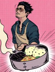 Rule 34 | +++, 1boy, apron, artist name, bento, black hair, blue shirt, brown eyes, collared shirt, commentary, emphasis lines, english commentary, facial hair, food, foreshortening, goatee, gokushufudou, halftone, halftone background, highres, holding, holding food, looking at viewer, male focus, mustache, outstretched arm, padeliciouss, pink background, scar, scar across eye, scar on face, shirt, short hair, sleeves pushed up, solo, sunglasses, symbol-only commentary, tatsu (gokushufudou)