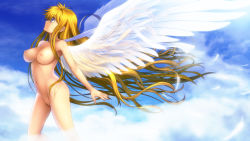 Rule 34 | 00s, 1girl, absurdres, air (visual novel), angel, blonde hair, blue eyes, breasts, cleft of venus, cloud, completely nude, female focus, highres, kamio misuzu, large breasts, long hair, mutsuki (moonknives), nude, nude filter, outdoors, pussy, sky, solo, third-party edit, uncensored, very long hair, wings