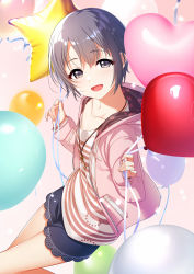 Rule 34 | 1girl, absurdres, balloon, collarbone, commentary request, grey eyes, grey hair, heart balloon, highres, hood, hooded jacket, idolmaster, idolmaster cinderella girls, jacket, jewelry, key, key necklace, looking at viewer, mikapoe, necklace, open mouth, otokura yuuki, pink background, pink jacket, short hair, shorts, sleeves past wrists, solo, thighs