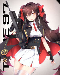 Rule 34 | 1girl, assault rifle, belt, black gloves, black hair, blush, boots, breasts, brown eyes, buckle, bullpup, buttons, cape, china dress, chinese clothes, cleavage cutout, clothing cutout, collared shirt, double-breasted, double bun, dress, eyes visible through hair, fang, fingerless gloves, girls&#039; frontline, gloves, gun, hair between eyes, hair bun, hair ribbon, head tilt, highres, holding, holding gun, holding weapon, light particles, long hair, looking at viewer, necktie, outstretched hand, pleated skirt, qbz-97, red eyes, red necktie, red ribbon, ribbon, rifle, ripe.c, shirt, sidelocks, simple background, skirt, smile, solo, thighhighs, thighs, trigger discipline, twintails, twitter username, type 97 (girls&#039; frontline), underbust, very long hair, weapon, white shirt, white theme, white thighhighs, wrist straps