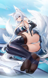 Rule 34 | 1girl, :o, absurdres, animal ear fluff, animal ears, ass, azur lane, bare shoulders, blue eyes, breasts, bridal gauntlets, choker, cleavage, elbow gloves, feet, foreshortening, fox ears, fox girl, fox tail, gloves, hair between eyes, halterneck, highres, large breasts, long hair, lying, miniskirt, multiple tails, on side, open mouth, panties, race queen, see-through, shinano (azur lane), shinano (moonlit chrome) (azur lane), sideboob, skirt, stardust (chen&#039;ai weiding), tail, taut clothes, thighhighs, thong, toes, underwear, very long hair, white hair