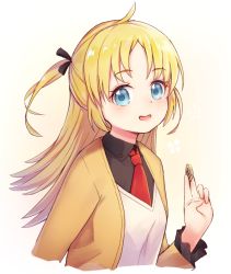 Rule 34 | 10s, 1girl, ahoge, beige jacket, between fingers, black bow, black shirt, blonde hair, blue eyes, blush, board game, bow, charlotte izoard, collared shirt, commentary request, cropped torso, dress, hair bow, highres, holding, jacket, long hair, long sleeves, looking at viewer, necktie, one side up, open clothes, open jacket, parted lips, red necktie, ryuuou no oshigoto!, shirt, shogi, smile, solo, suzuki puramo, very long hair, white dress