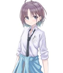 Rule 34 | 1girl, ahoge, asakura toru, bad id, bad twitter id, black necktie, blue eyes, blue hair, breast pocket, brown hair, closed mouth, clothes around waist, collared shirt, commentary request, copyright request, earrings, gradient hair, grey skirt, highres, idolmaster, idolmaster shiny colors, jewelry, looking at viewer, mechanical pencil, multicolored hair, necktie, parted bangs, pencil, pleated skirt, pocket, school uniform, shirt, shiwa (siwaa0419), short sleeves, simple background, skirt, smile, solo, white background, white shirt