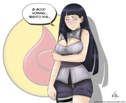 Rule 34 | 1girl, black hair, blush, breast hold, breasts, cleavage, female focus, highres, hyuuga hinata, large breasts, long hair, meme attire, naruto, naruto (series), open-chest sweater, ribbed sweater, simple background, solo, sweater, vicio cusimano
