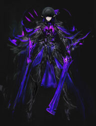 Rule 34 | 1girl, :|, armor, black background, black cloak, black footwear, black hair, breastplate, cloak, closed mouth, expressionless, full body, glowing, glowing sword, glowing weapon, greaves, highres, holding, holding sword, holding weapon, legs apart, long hair, looking at viewer, open cloak, open clothes, original, pointy ears, purple eyes, shoes, sidelocks, simple background, solo, standing, straight-on, straight hair, sword, tuda6, vambraces, weapon