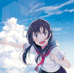 Rule 34 | 1girl, bad id, bad pixiv id, bird, black eyes, blush, brown hair, cloud, commentary, day, happy, hexagon, leaning forward, light particles, long hair, looking at viewer, open mouth, original, outstretched arm, school uniform, serafuku, shinobu (kobanatu), sky, smile, solo