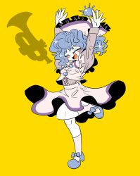 Rule 34 | 1girl, arms up, blue footwear, blue hair, blush, breasts, closed eyes, frilled hat, frills, full body, hat, instrument, juliet sleeves, leg up, long hair, long sleeves, medium breasts, merlin prismriver, open mouth, pink skirt, puffy sleeves, shoes, simple background, skirt, smile, solo, sparkle, touhou, trumpet, yellow background, yt (wai-tei)