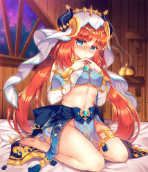 Rule 34 | 1girl, barefoot, bed sheet, blue bow, blue eyes, blush, bow, breasts, closed mouth, commentary request, fake horns, genshin impact, groin, headpiece, horns, incense burner, indoors, long hair, looking at viewer, low twintails, medium breasts, navel, night, night sky, nilou (genshin impact), nose blush, parted bangs, red hair, sitting, sky, soles, solo, star (sky), starry sky, suzunone rena, twintails, veil, very long hair, wariza, window