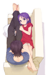 Rule 34 | 1boy, 1girl, age difference, bad id, bad pixiv id, barefoot, casual, couch, family, father and daughter, feet, higebu, highres, inazuma eleven, inazuma eleven (series), kudou fuyuka, kudou michiya, long hair, lying, purple hair, shorts, simple background, sketch, white background