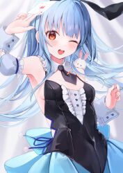 Rule 34 | 1girl, absurdres, animal ears, black leotard, black necktie, blue hair, blue skirt, blush, card, collar, detached collar, detached sleeves, don-chan (usada pekora), extra ears, fake animal ears, floating hair, frilled collar, frilled sleeves, frills, highres, holding, holding card, hololive, kashuu (pixiv 66328082), leotard, long hair, looking at viewer, necktie, one eye closed, open mouth, playboy bunny, puffy detached sleeves, puffy short sleeves, puffy sleeves, rabbit ears, short eyebrows, short necktie, short sleeves, sidelocks, skirt, smile, solo, teeth, thick eyebrows, upper teeth only, usada pekora, usada pekora (furi furi bunny dress), virtual youtuber, white collar, white sleeves, wrist cuffs