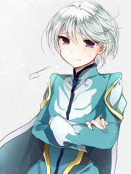 Rule 34 | 10s, 1boy, bishounen, cape, coat, crossed arms, hoshihuri, light smile, male focus, mikleo (tales), purple eyes, solo, sweat, tales of (series), tales of zestiria, white background, white hair