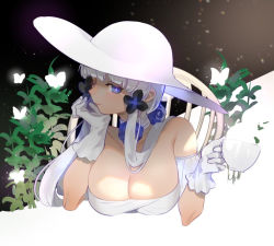 Rule 34 | 1girl, azur lane, blue eyes, breasts, bug, butterfly, chair, cleavage, cup, dress, flower, gloves, hair flower, hair ornament, hat, head rest, illustrious (azur lane), insect, large breasts, lips, looking at viewer, mole, mole under eye, off-shoulder dress, off shoulder, one eye closed, plant, short hair with long locks, sidelocks, silver hair, sitting, sleeveless, sleeveless dress, smile, solo, sparkling eyes, sun hat, teacup, upper body, uyuyuun, white dress, white gloves, white hat