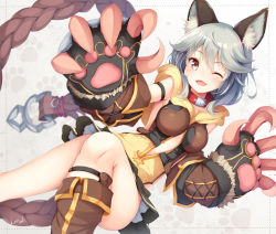 Rule 34 | 1girl, ;d, animal ear fluff, animal ears, animal hands, arm strap, blush, boots, breasts, brown eyes, brown footwear, claw (weapon), claws, collar, erune, fang, gloves, granblue fantasy, grey hair, hair between eyes, kusunoki (escude), large breasts, looking at viewer, one eye closed, open mouth, paw gloves, sen (granblue fantasy), skirt, smile, solo, weapon