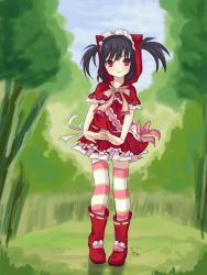 Rule 34 | 1girl, :3, bingsang, black hair, boots, capelet, cosplay, dress, grimm&#039;s fairy tales, hood, kooh, little red riding hood, little red riding hood (grimm), little red riding hood (grimm) (cosplay), pangya, red eyes, ribbon, short hair, short twintails, solo, striped clothes, striped thighhighs, thighhighs, twintails