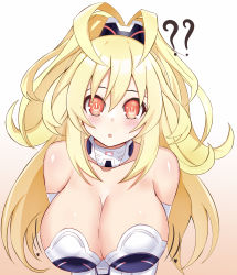 Rule 34 | 1girl, ?, absurdres, bare shoulders, blonde hair, blush, breasts, cleavage, commentary request, curious, curly hair, detached collar, elbow gloves, gloves, highres, kami jigen game neptune v, large breasts, leotard, long hair, neptune (series), open mouth, orange eyes, ponytail, power symbol, power symbol-shaped pupils, solo, staring, stiris rangetsu, symbol-shaped pupils, upper body, very long hair, white gloves, white leotard, yellow eyes, yellow heart (neptunia)