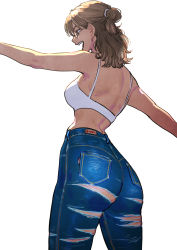 Rule 34 | 1girl, ass, back, blue pants, bra, breasts, brown hair, cowboy shot, denim, from behind, glasses, hair bun, highres, jeans, medium breasts, medium hair, narrow waist, okada (hoooojicha), open mouth, original, outstretched arms, pants, single hair bun, solo, symbol-only commentary, teeth, topless male, torn clothes, torn jeans, torn pants, underwear, upper teeth only, white bra