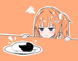 Rule 34 | 1girl, :t, blush, bow, cafe stella to shinigami no chou, closed mouth, commentary, doughnut, food, frown, hair between eyes, hair bow, hair intakes, hair ornament, hair scrunchie, hairclip, head only, highres, jitome, looking at food, notice lines, orange background, orange hair, orange theme, purple eyes, scrunchie, side ponytail, silver116, simple background, solo, squiggle, sumizome nozomi, v-shaped eyebrows, weight conscious, white bow, white scrunchie, x hair ornament