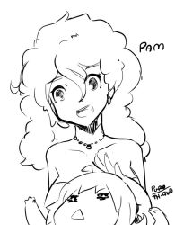 Rule 34 | 2girls, character name, earrings, greyscale, jewelry, monochrome, mother and daughter, multiple girls, necklace, open mouth, pam (stardew valley), penny (stardew valley), pupoo (artist), signature, smile, stardew valley, triangle mouth