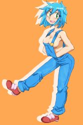 Rule 34 | 1girl, allenby beardsley, bare shoulders, blue hair, breasts, cleavage, commentary request, g gundam, green eyes, gundam, looking at viewer, medium breasts, naked overalls, no bra, onnaski, open mouth, overalls, short hair, sideboob, smile, solo, standing