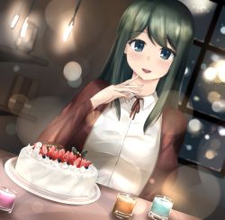 Rule 34 | 1girl, blush, breasts, brown cardigan, cake, candle, cardigan, collared shirt, commission, cureecoolan, food, fruit, green eyes, green hair, happy birthday, head tilt, highres, kazama touko, lens flare, looking at viewer, medium breasts, muv-luv, muv-luv alternative, neck ribbon, open mouth, red ribbon, ribbon, shirt, skeb commission, smile, solo, strawberry, white shirt, window