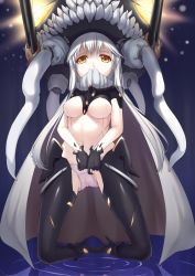 Rule 34 | 10s, 1girl, abyssal ship, black gloves, black legwear, bodysuit, breasts, cape, gloves, highres, kantai collection, long hair, looking at viewer, monster, panties, personification, pink panties, silver hair, solo, underwear, wo-class aircraft carrier, yaguo, yellow eyes