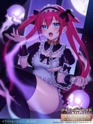 Rule 34 | 1girl, airi (queen&#039;s blade), airi (queen&#039;s blade unlimited), apron, bat (animal), black dress, black ribbon, black thighhighs, blue eyes, blush, bow, bowtie, breasts, chain, chain leash, cleavage, copyright name, dress, eyes visible through hair, fire, frills, hair bow, hair ribbon, hand up, holding, leash, long hair, looking at viewer, maid, maid apron, maid headdress, medium breasts, moon, night, no bra, open mouth, puffy short sleeves, puffy sleeves, purple sky, queen&#039;s blade, queen&#039;s blade unlimited, queen&#039;s blade white triangle, red hair, ribbon, short sleeves, skull, sky, solo, spirit, teeth, thighhighs, tongue, tongue out, torn clothes, twintails, two side up, underboob, upper teeth only, very long hair, white apron, window, wrist cuffs, yoshihiro (yoshihiro12190)