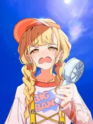 Rule 34 | 1girl, arm at side, blonde hair, blue sky, blush, braid, cross-laced jacket, day, drop earrings, earrings, english text, fang, fanning self, frown, fujita kotone, furrowed brow, gakuen idolmaster, gujin (tp acid), hair over shoulder, half-closed eyes, hand fan, hand up, handheld electric fan, highres, holding, holding fan, hot, idolmaster, jacket, jewelry, layered sleeves, lens flare, long sleeves, looking up, low twin braids, open clothes, open jacket, open mouth, orange eyes, outdoors, print shirt, raised eyebrows, shirt, short over long sleeves, short sleeves, sky, solo, sun, text print, twin braids, upper body, visor cap, white shirt