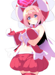 Rule 34 | 1girl, arm between breasts, between breasts, blue eyes, blush, breasts, cape, closed mouth, commentary, cosplay, cowboy shot, frown, hairband, hat, highres, large breasts, looking at viewer, mittens, navel, neneka (princess connect!), neneka (princess connect) (cosplay), pink hair, pink headwear, pink mittens, pink shirt, pink shorts, pink thighhighs, princess connect!, pumpkin pants, shaded face, shirt, short hair, shorts, solo, standing, sw (taco), thighhighs, wavy mouth, white cape, yellow hairband, yui (princess connect!)