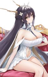 Rule 34 | 1girl, azur lane, black hair, blush, breasts, cape, cleavage, close-up, closed mouth, clothing cutout, collar, couch, full body, gloves, hair ornament, high heels, highres, horns, indomitable (azur lane), large breasts, long hair, looking at viewer, navel, navel cutout, sauvignon, simple background, sitting, solo, thighs, very long hair, white background, white footwear, white gloves