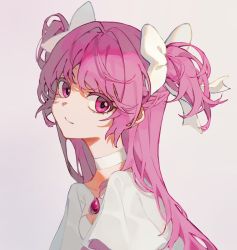 Rule 34 | bow, choker, chun sam, eyebrows hidden by hair, from side, hair ribbon, head tilt, highres, kaname madoka, long hair, looking at viewer, mahou shoujo madoka magica, mahou shoujo madoka magica (anime), pink eyes, pink hair, portrait, ribbon, simple background, solo, ultimate madoka, upper body, white background, white choker