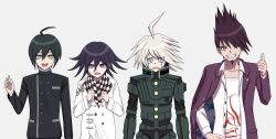 Rule 34 | 4boys, absurdres, ahoge, arironpawa, armor, black hair, black jacket, breast pocket, buttons, collarbone, danganronpa (series), danganronpa v3: killing harmony, double-breasted, facial hair, goatee, grey eyes, grey hair, grin, hair between eyes, highres, jacket, k1-b0, long sleeves, looking at viewer, male focus, momota kaito, multiple boys, oma kokichi, one eye closed, open clothes, open jacket, open mouth, open shirt, pocket, power armor, print shirt, purple eyes, purple hair, sad, saihara shuichi, shirt, short hair, simple background, smile, space print, spiked hair, starry sky print, striped clothes, striped jacket, tears, teeth, thumbs up, upper body, upper teeth only, white background, white shirt