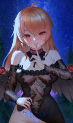 Rule 34 | 1girl, :q, absurdres, ahoge, bare shoulders, belt collar, blonde hair, blush, breasts, clothes lift, collar, commission, covered navel, detached sleeves, dress, dress lift, feathered wings, floral print, guurang, highres, jewelry, large breasts, last origin, long hair, looking at viewer, magical momo, nail polish, night, pubic tattoo, red eyes, ring, solo, star (sky), tattoo, tongue, tongue out, wings