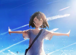 Rule 34 | 1girl, ^ ^, bag, black hair, blue sky, bob cut, closed eyes, contrail, day, english text, hair between eyes, open mouth, original, outdoors, outstretched arms, shirt, short hair, short sleeves, shoulder bag, sishenfan, sky, smile, solo, t-shirt, v-neck, vocaloid