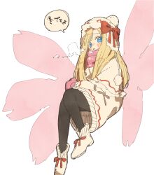 Rule 34 | 1girl, adapted costume, black pantyhose, blonde hair, blue eyes, boots, bow, breath, capelet, chullo, commentary request, fairy wings, full body, hat, hat bow, highres, lily white, long hair, long sleeves, looking at viewer, nama udon, open mouth, pantyhose, pink scarf, red bow, scarf, simple background, solo, speech bubble, sweater, touhou, translation request, white background, white capelet, white footwear, white hat, white sweater, wings