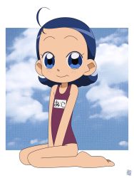 Rule 34 | 1girl, absurdres, barefoot, blue eyes, blue hair, blush, child, cloud, hatomugisan, highres, looking at viewer, name tag, ojamajo doremi, one-piece swimsuit, purple one-piece swimsuit, senoo aiko, short hair, sitting, sky, smile, swimsuit